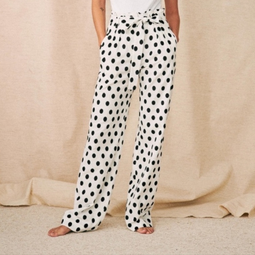 Sezane ⚫️ Arthur Wide Leg Trousers in Black Dots/Ecru- Size 38 / US Size 8